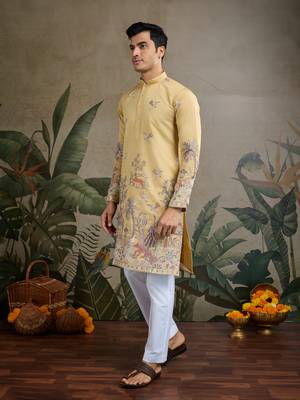 Yellow viscose silk thread & sequins embroidered work wedding festival marriage party wear straight mens kurta 3