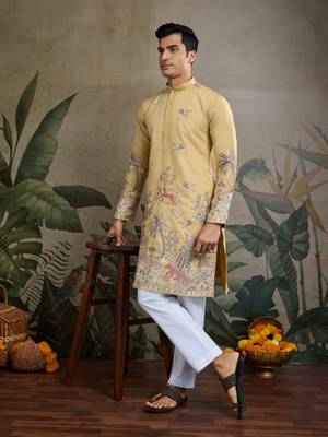 Yellow viscose silk thread & sequins embroidered work wedding festival marriage party wear straight mens kurta 4