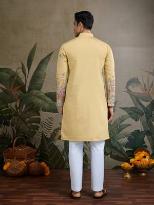 Yellow viscose silk thread & sequins embroidered work wedding festival marriage party wear straight mens kurta 5