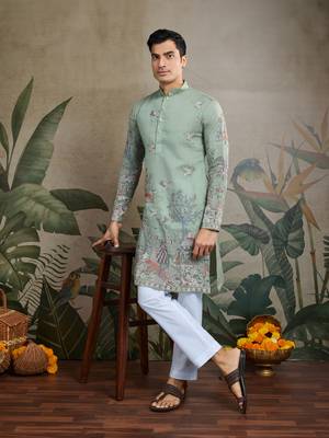 pista green viscose silk thread & sequins embroidered kurta 1