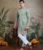 pista green viscose silk thread & sequins embroidered kurta