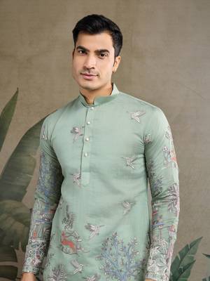 pista green viscose silk thread & sequins embroidered kurta 3