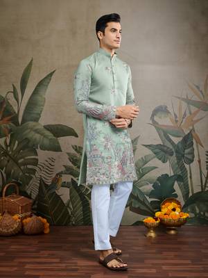 pista green viscose silk thread & sequins embroidered kurta 4