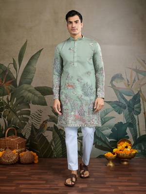 pista green viscose silk thread & sequins embroidered kurta 5
