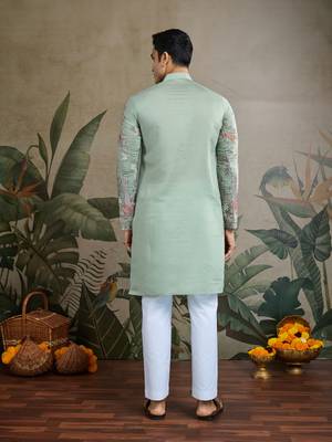 pista green viscose silk thread & sequins embroidered kurta 6