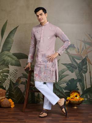 light peach viscose silk thread & sequins embroidered straight kurta 1