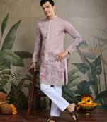 light peach viscose silk thread & sequins embroidered straight kurta