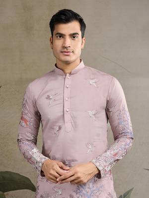 light peach viscose silk thread & sequins embroidered straight kurta 2
