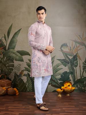 light peach viscose silk thread & sequins embroidered straight kurta 3