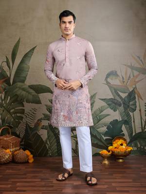light peach viscose silk thread & sequins embroidered straight kurta 4