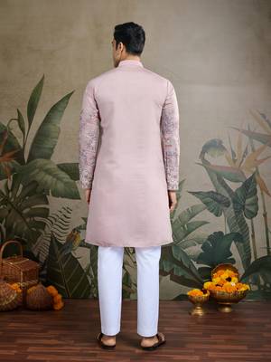 light peach viscose silk thread & sequins embroidered straight kurta 5