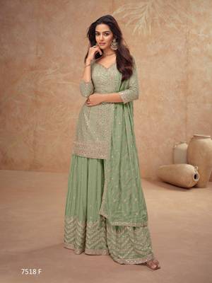 Olive green free size full stitched upto 42 palazzo wedding suits 1
