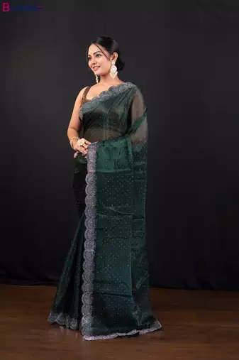 Dark green jimmy choo saree with intricate silver embellishments and beautiful curve border