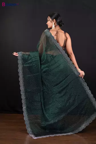Dark green jimmy choo saree with intricate silver embellishments and beautiful curve border