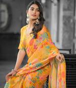 Stylish casual yellow imported georgette fancy saree
