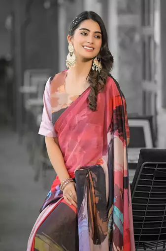 Stylish casual red imported georgette fancy saree
