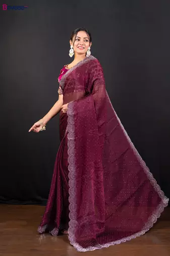 Wine jimmy choo saree with intricate silver embellishments and beautiful curve border