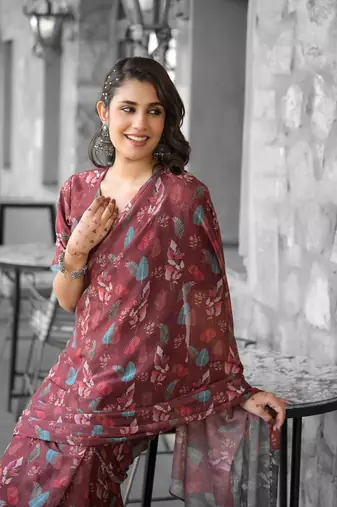 Stylish casual brown imported georgette fancy saree
