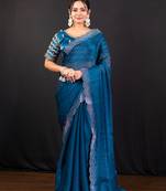 Blue jimmy choo saree with intricate silver embellishments and beautiful curve border