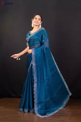 Blue jimmy choo saree with intricate silver embellishments and beautiful curve border