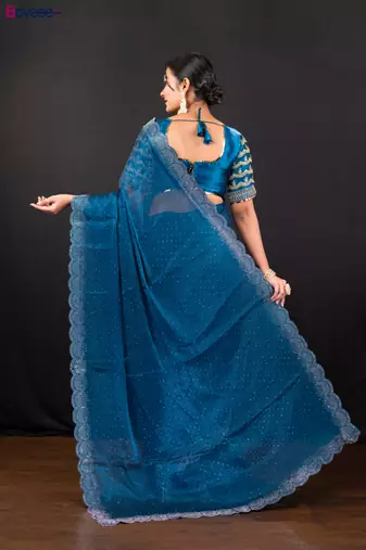 Blue jimmy choo saree with intricate silver embellishments and beautiful curve border