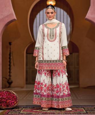 White chinon embroidered salwar suit (free size) 3