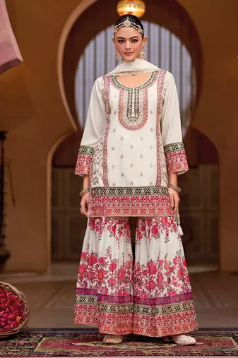 White chinon embroidered salwar suit (free size)