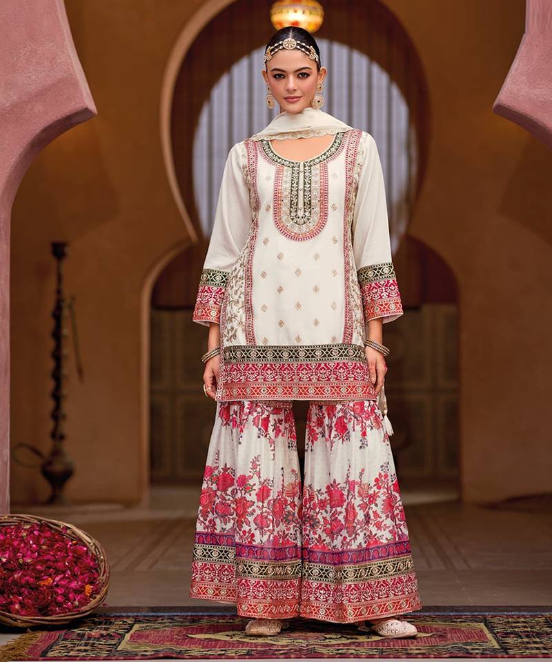 White chinon embroidered salwar suit (free size)