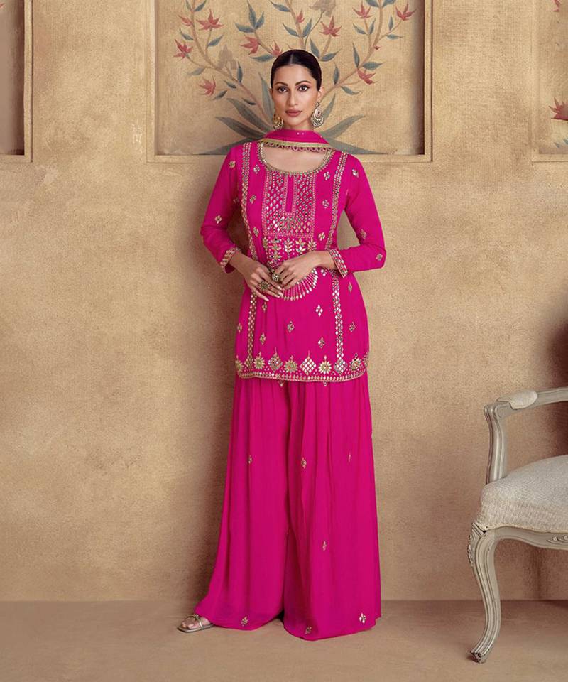 Beige embroidery and sequins chinon silk straigth palazzo- free size stitched(size upto 42")