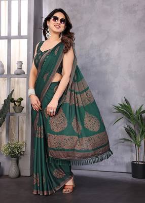 Poly chiffon bottle green  printed saree with blouse piece 1