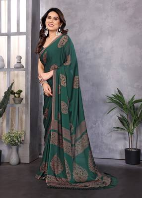 Poly chiffon bottle green  printed saree with blouse piece 2