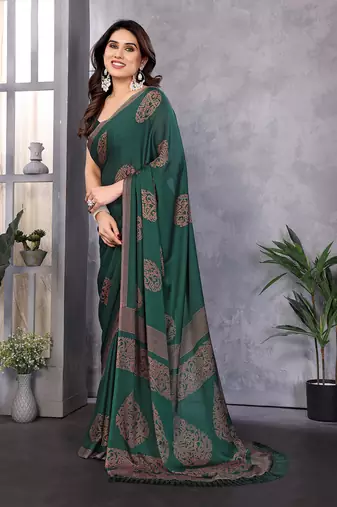 Poly chiffon bottle green  printed saree with blouse piece