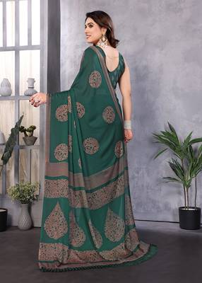 Poly chiffon bottle green  printed saree with blouse piece 4