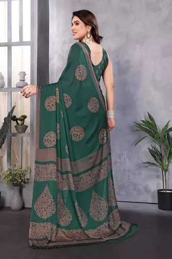 Poly chiffon bottle green  printed saree with blouse piece