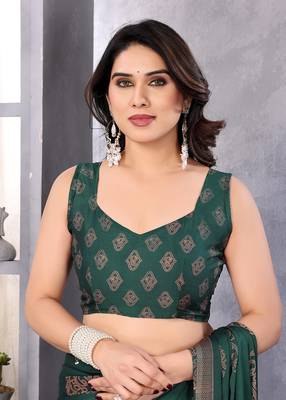 Poly chiffon bottle green  printed saree with blouse piece 5