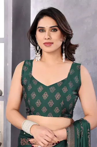 Poly chiffon bottle green  printed saree with blouse piece