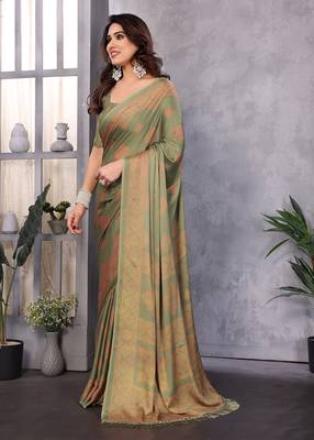 Poly chiffon pista printed saree with blouse piece 2