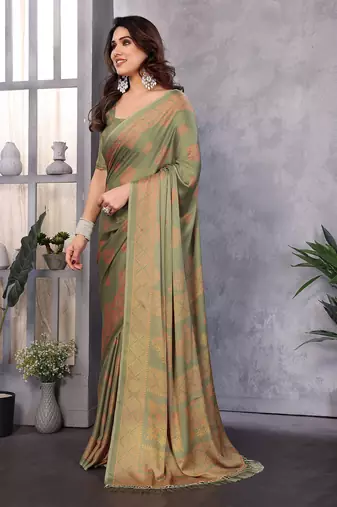 Poly chiffon pista printed saree with blouse piece