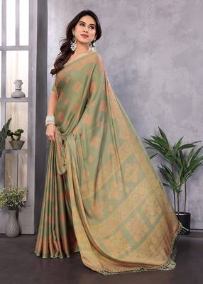Poly chiffon pista printed saree with blouse piece 3