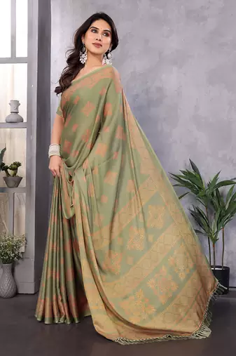 Poly chiffon pista printed saree with blouse piece