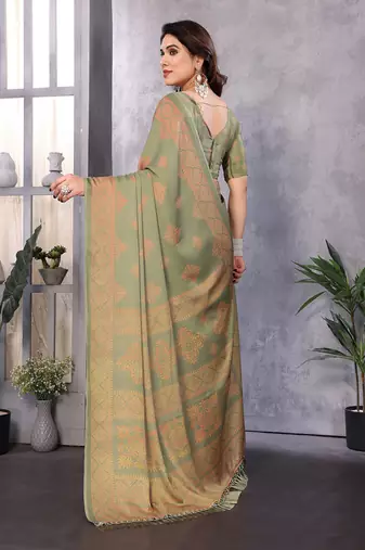 Poly chiffon pista printed saree with blouse piece