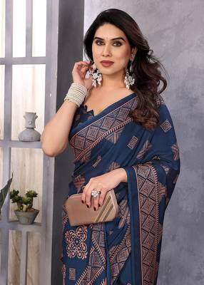 Poly chiffon teal printed saree with blouse piece 1