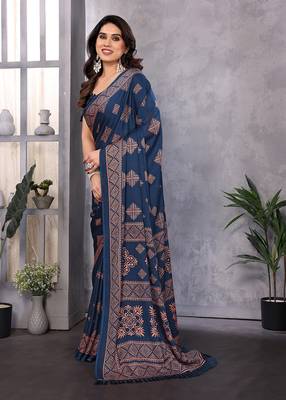 Poly chiffon teal printed saree with blouse piece 2