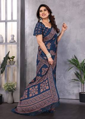 Poly chiffon teal printed saree with blouse piece 3