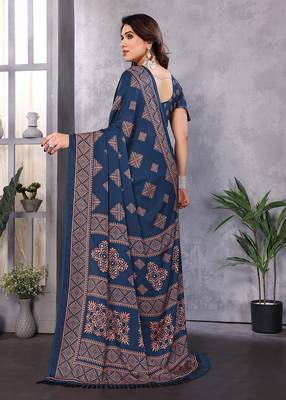 Poly chiffon teal printed saree with blouse piece 4