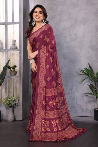 Poly chiffon wine printed saree with blouse piece