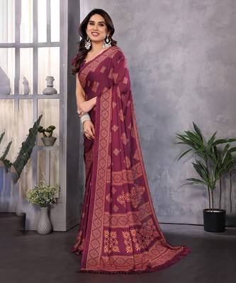 Poly chiffon wine printed saree with blouse piece 1