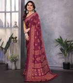 Poly chiffon wine printed saree with blouse piece