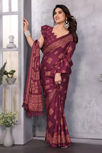 Poly chiffon wine printed saree with blouse piece