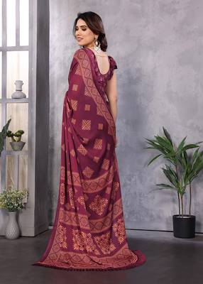 Poly chiffon wine printed saree with blouse piece 4